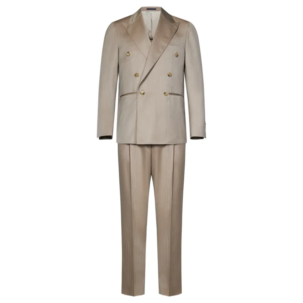 Beige Herringbone Dobbeltspent Blazer og Bukser
