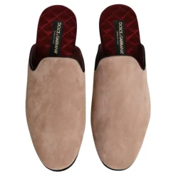Beige Semsket Skinn Slides Flate Sko