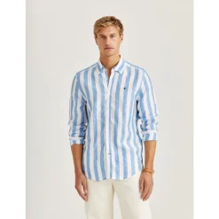 Blå Morris Douglas Linen Stripe Shirt Skjorte
