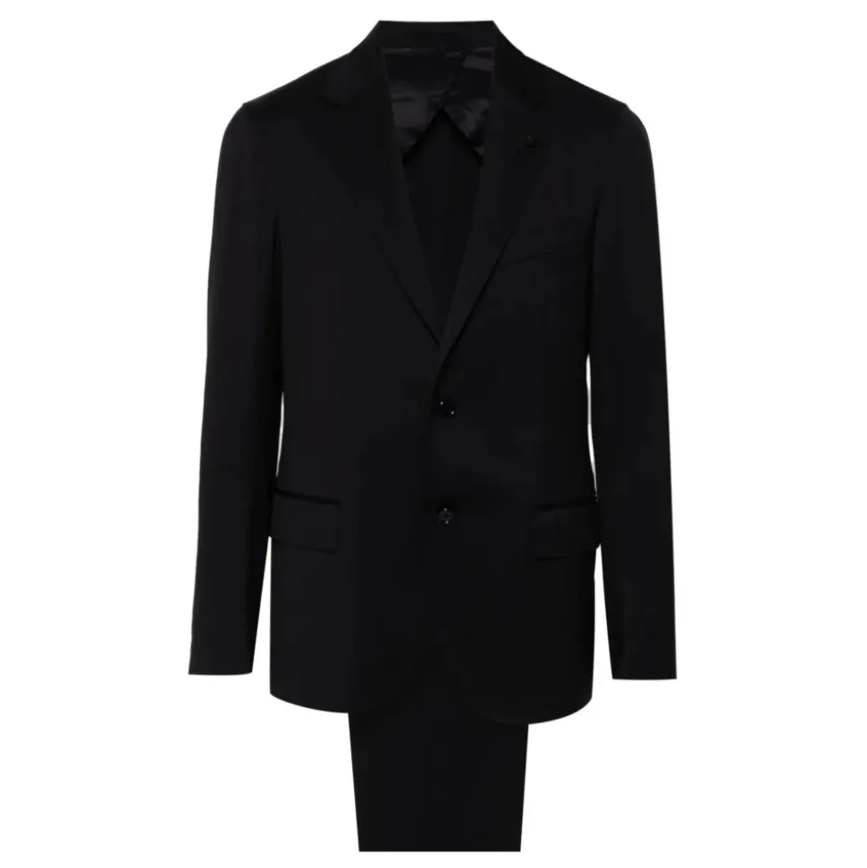 Blå ull dress med brosjedetalj
