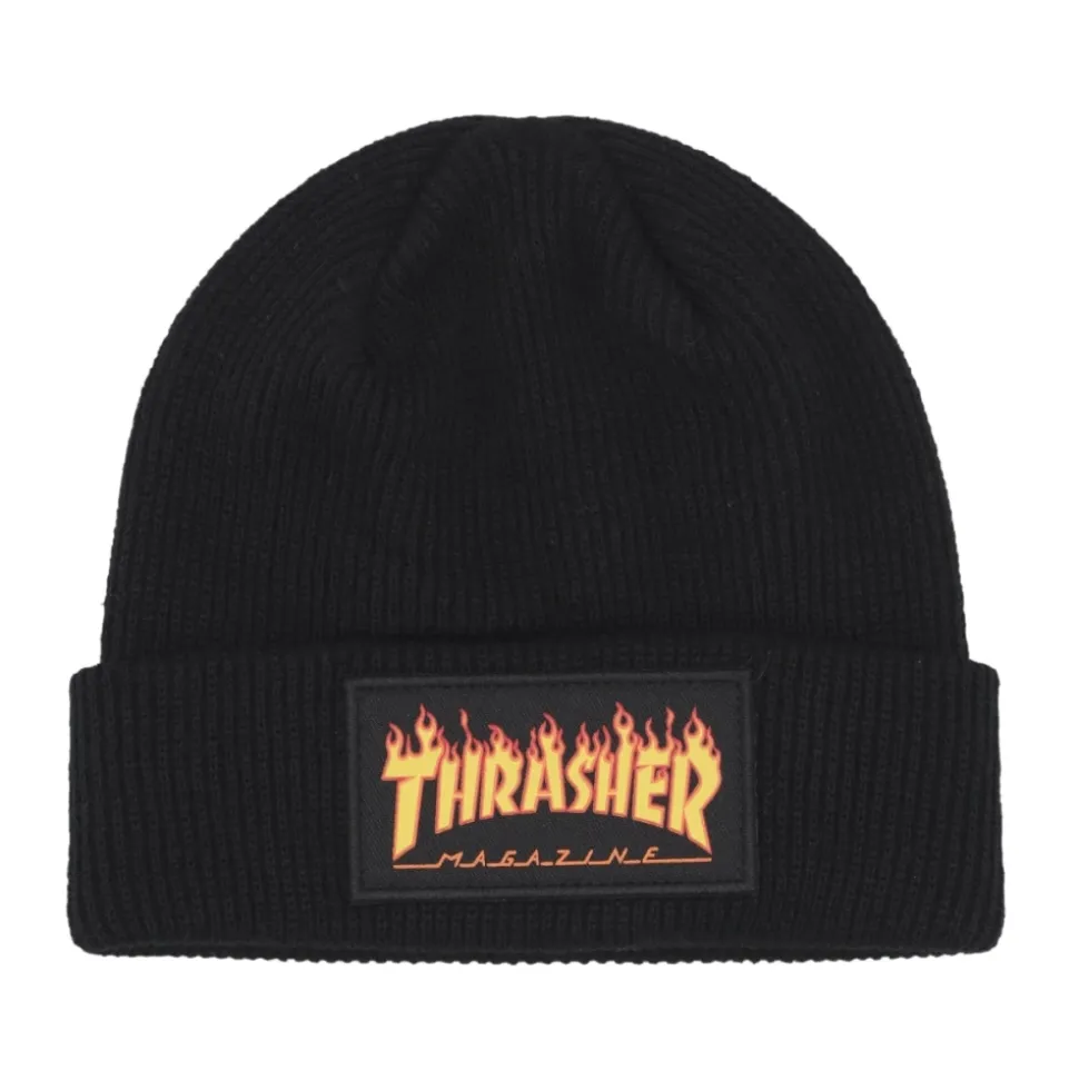 Flame Patch Beanie Hat i Svart