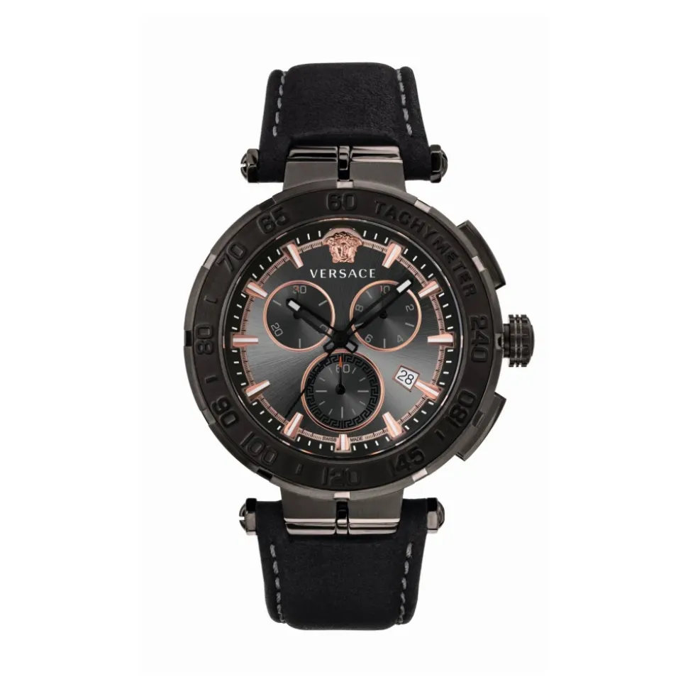 Greca Chrono Svart Lær Chronograph Klokke