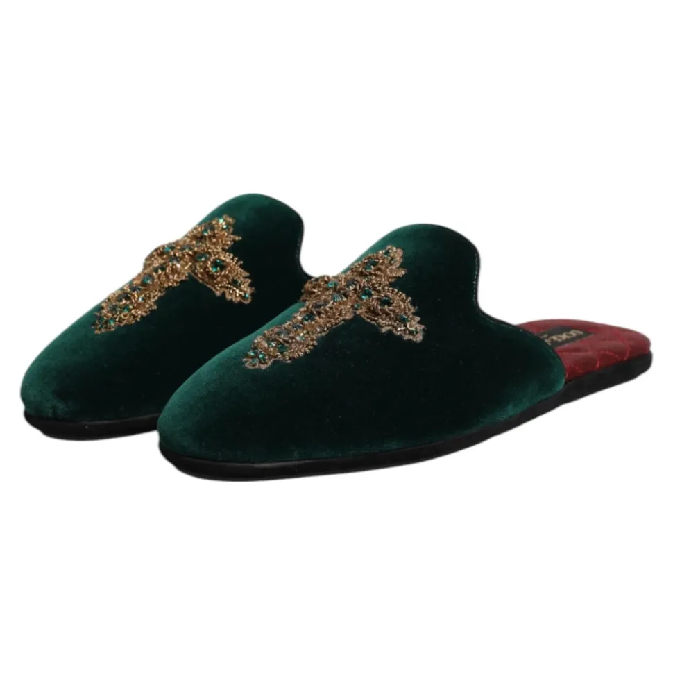 Grønn Velvet Cross Embellished Slippers
