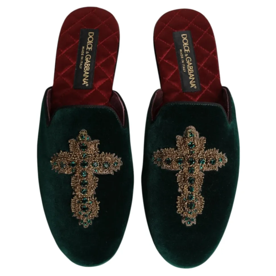 Grønn Velvet Cross Embellished Slippers