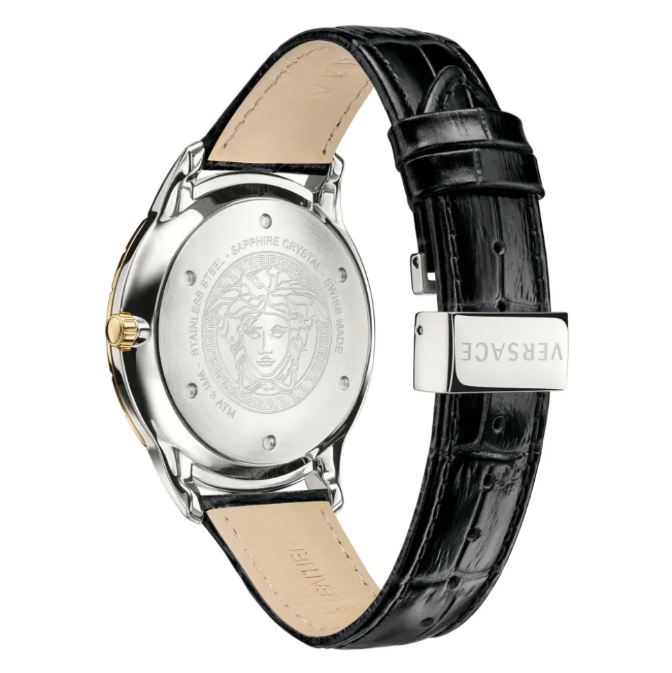 Herreklokke Svart Lær Gull Sølv GMT