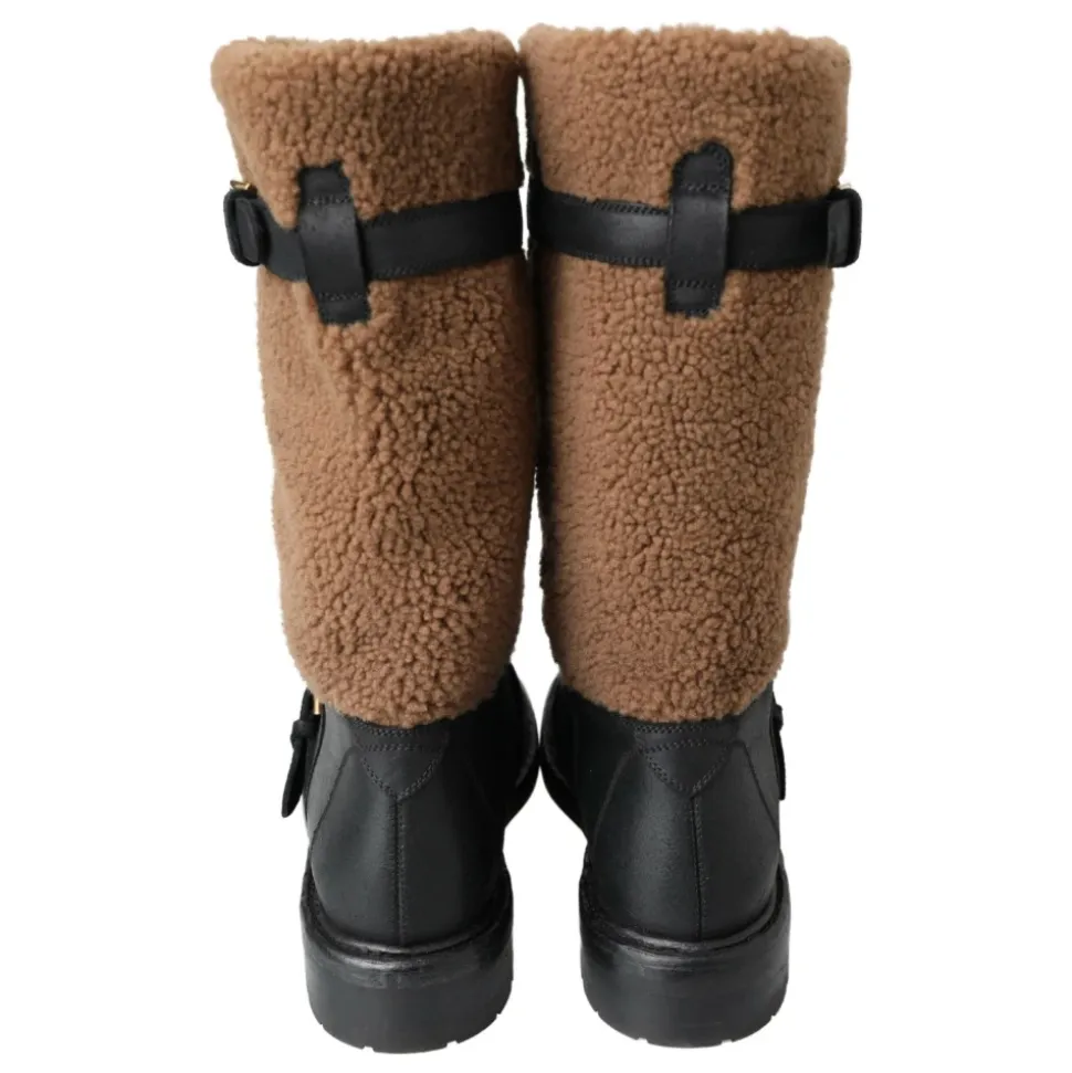 Luksus Shearling Lær Lange Støvler