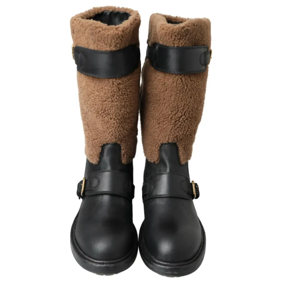 Luksus Shearling Lær Lange Støvler