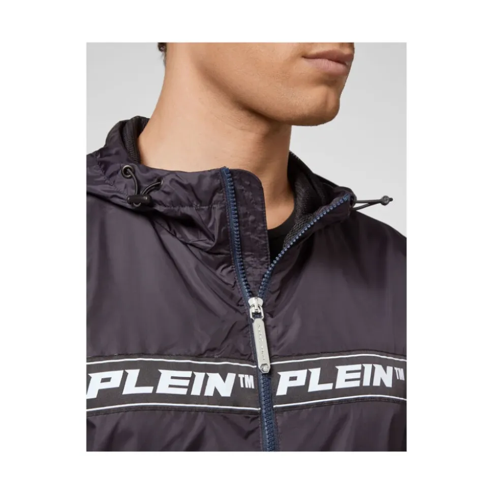 Marineblå Nylon Windbreaker Hettejakke