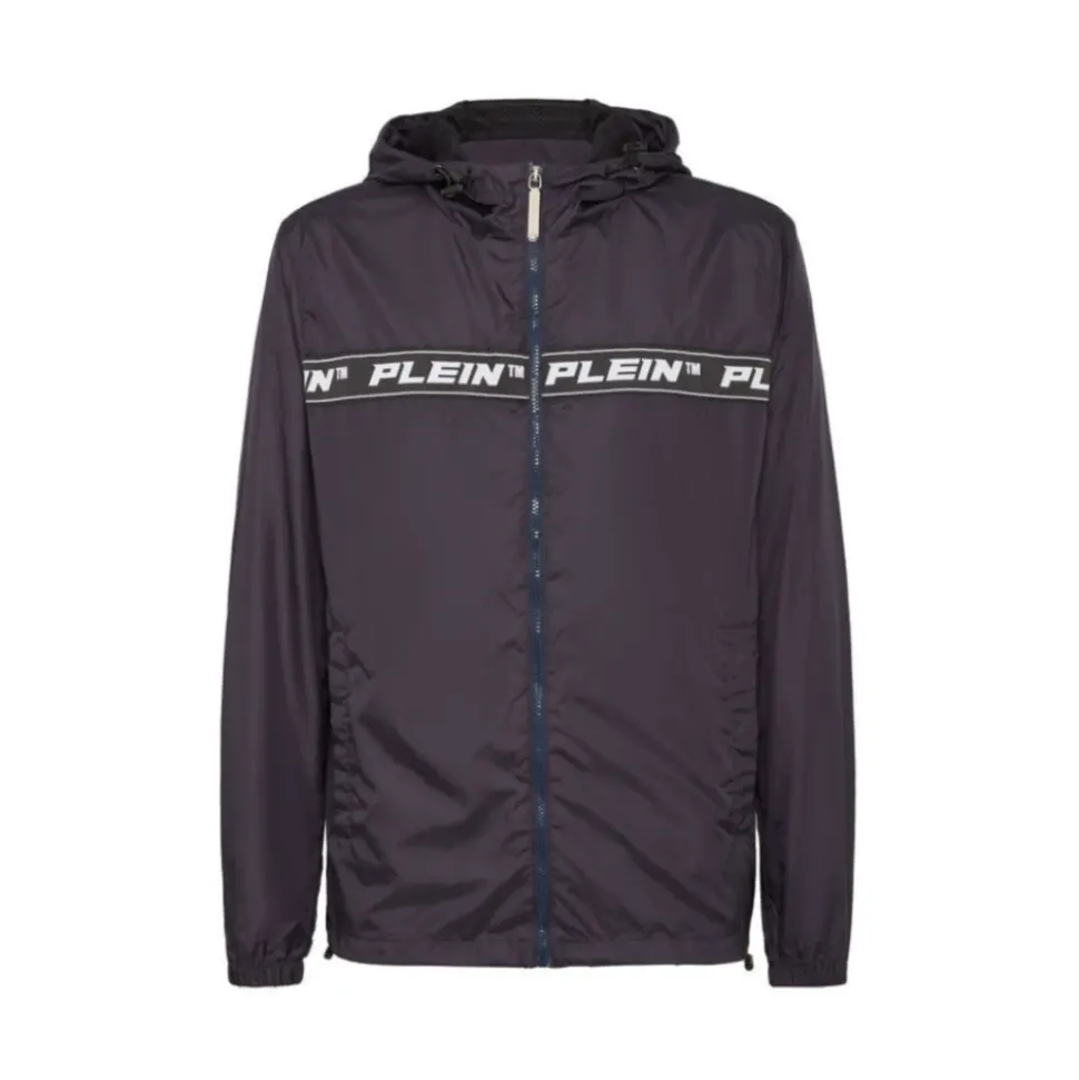 Marineblå Nylon Windbreaker Hettejakke