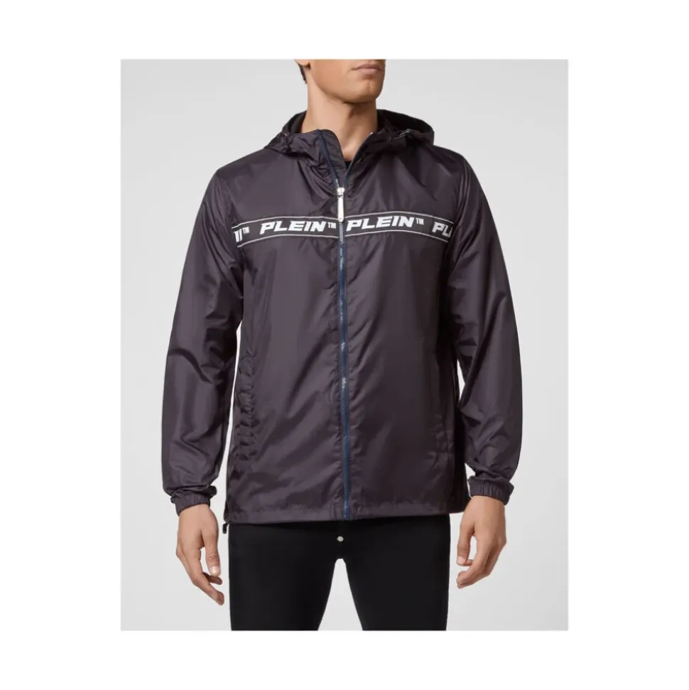 Marineblå Nylon Windbreaker Hettejakke
