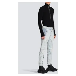 Ribbestrikkede slim-fit jeans i bomull